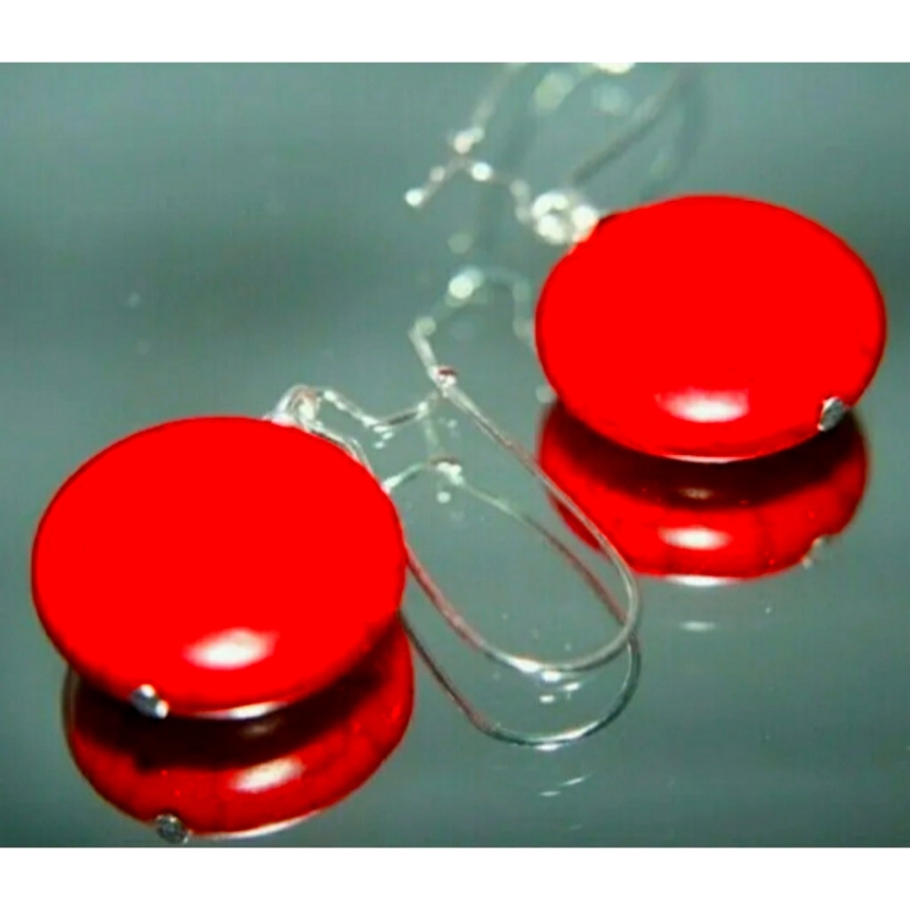 Turquoise magnesite red discs drop earrings sterling silver 925'
